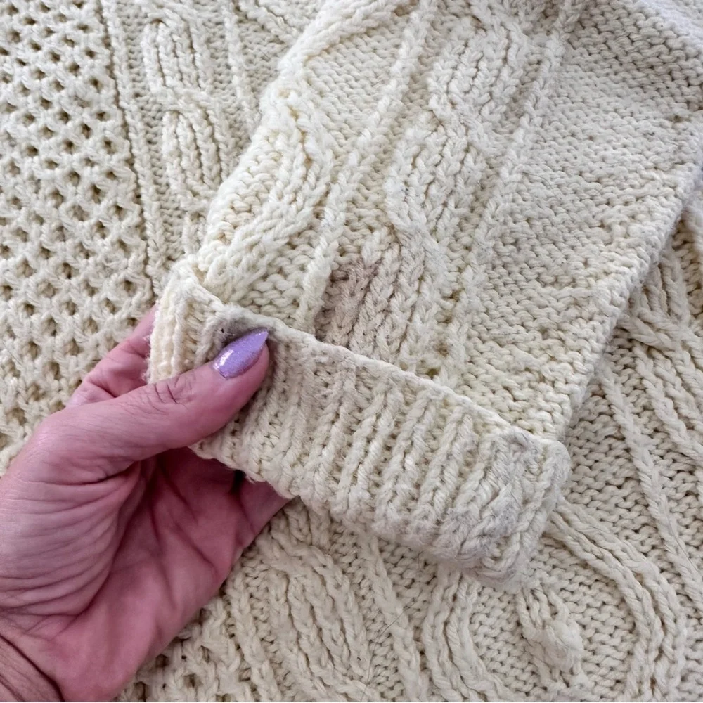 Hand Knit Cream Fisherman Cable Knit Wool Sweater